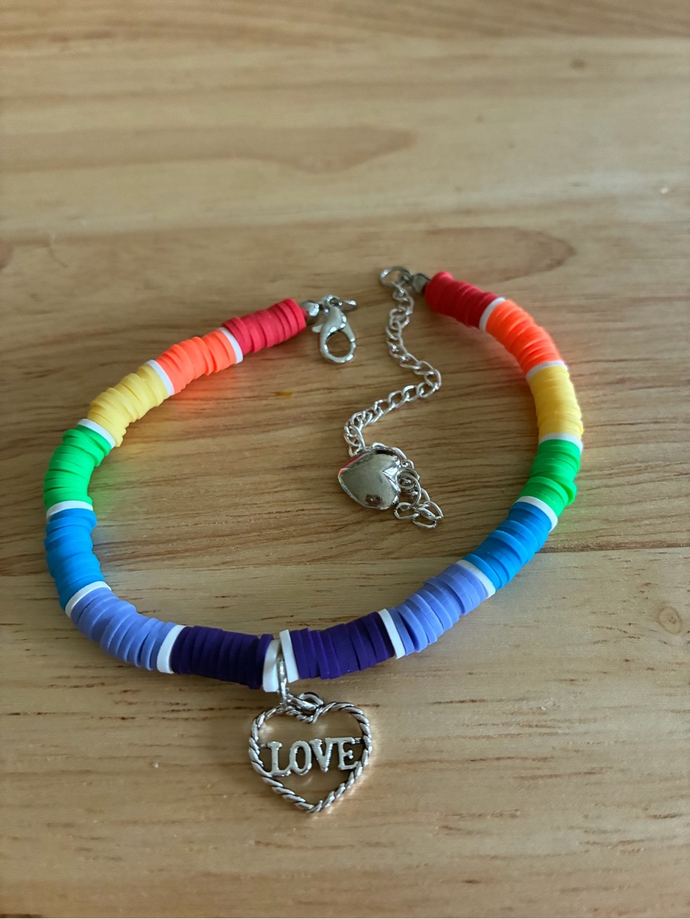 Handmade Rainbow Bead Heart 'LOVE' Charm Bracelet - Multicolor